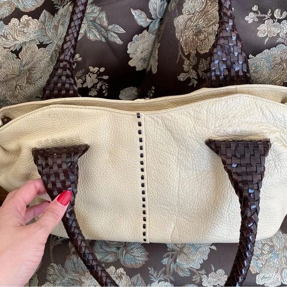Paolo Masi Italian Leather Genuine Leather Cream Boho Satchel Brown Woven Straps - Picture 2 of 14